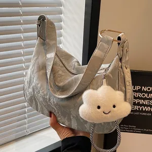 Women Wrinkled Hobo Bag PU Leather Large Capacity Underarm Shoulder Crossbody Bag With Cute Cloud Plush Pendant
