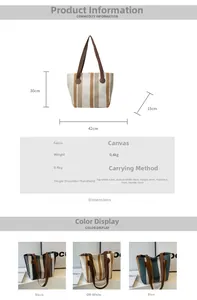 Detailed size chart of the striped canvas tote bag showing dimensions and fabric specs