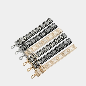 Ethnic embroidered wide bag straps with geometric patterns and metal lobster clasps