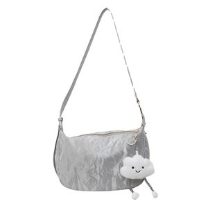 Silver metallic hobo bag with pleated texture and cute white cloud charm detail