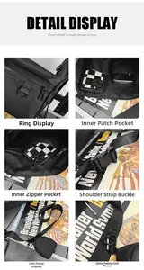 Detail view of black nylon crossbody bag with interior pockets and round coin purse