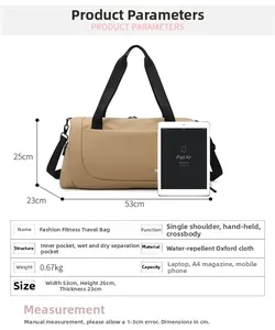 Waterproof khaki travel duffel bag size guide with iPad Air for scale and capacity info