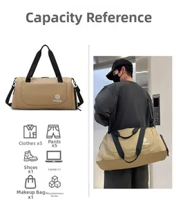 Khaki travel bag capacity detail showing 5 outfits, shoes, and a laptop fitting inside