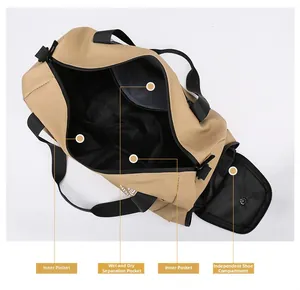 Detail view of large capacity travel bag showing separate shoe compartment and wet dry storage