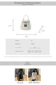 Detailed size specifications for a cylindrical bucket bag with strap options and dimensions