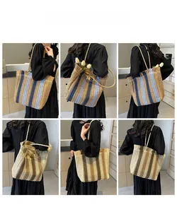 Detail of striped straw tote bag showing various angles and large capacity on model