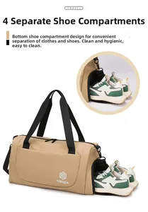 Travel bag with separate ventilated shoe compartment and durable khaki synthetic fabric