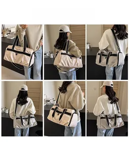 Beige fitness bag shown in multiple carrying styles including handbag and shoulder strap