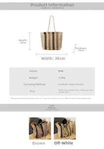Detailed dimension chart showing the straw tote bag size 38x33x14cm and tassel trim detail