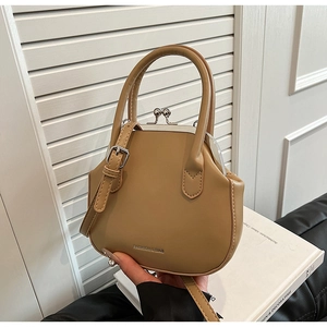 Khaki kiss-lock handbag with FASHION & BAG print and adjustable crossbody strap