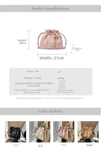 Detailed size chart and specifications for the quilted chain bucket bag in multiple colors