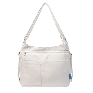 Large beige canvas tote bag with multi-pockets and adjustable shoulder strap for women