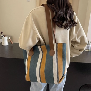 Vertical striped knit canvas tote bag with large capacity for daily commute shoulder wear