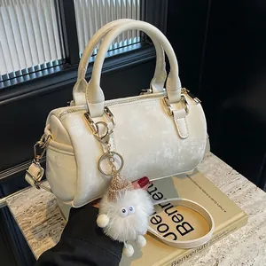 Women Boston Handbag PU Leather Cylinder Shoulder Crossbody Bag With Plush Monster Charm Simple Versatile Elegant Fashion