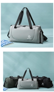Three travel gym bags in grey green and black with water resistant fabric and dual handles