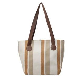 Large striped canvas tote bag in cream and brown with durable shoulder straps