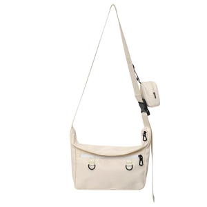 Large cream canvas tote bag with adjustable strap and detachable mini coin purse