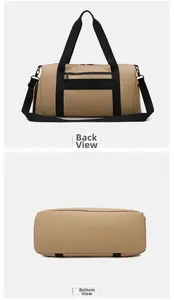 Detail view of khaki travel bag showing rear zipper pocket and flat bottom structure