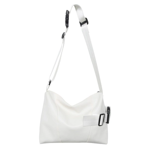 Minimalist white tote bag with industrial webbing straps and black buckles in a flat lay view