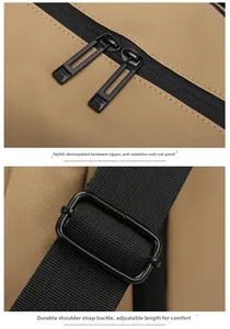 Detail of oxidation-resistant metal zippers and adjustable nylon strap on khaki travel bag