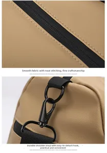 Detail of durable khaki travel bag with smooth black metal hooks and reinforced stitching