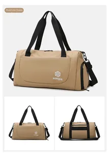 Detail view of khaki travel bag showing trolley sleeve and dual-handle strap design