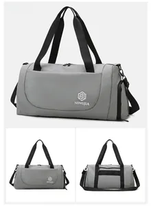 Three-angle view of a grey nylon travel bag with NINGJIA logo and adjustable straps