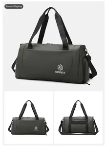 Three-view layout of dark green fitness bag with detachable shoulder strap and zip pocket
