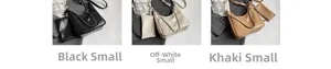 Three leather tote bags in black, off-white, and khaki with chain straps and mini pouches