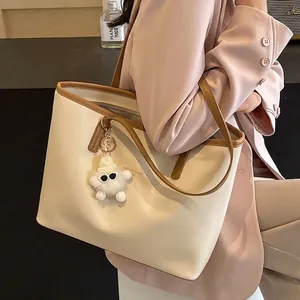 Women Large Capacity Tote Bag PU Leather Handbag With Plush Monster Charm Fashion Shoulder Bag For College Students