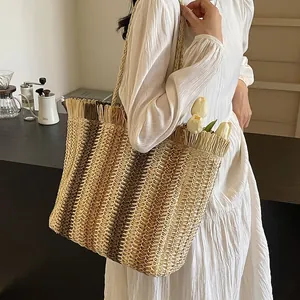 Woven Straw Tote Bag Striped Large Capacity Tassel Fringe Beach Vacation Shoulder Handbag Bohemian Style For Women