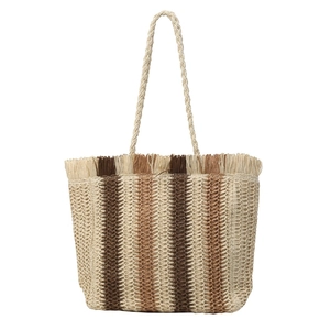 Three-color striped woven straw tote bag with fringe detail for summer beach vacations
