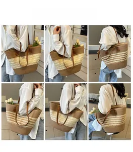 Collage d'un grand sac cabas en paille avec anses en cuir marron et texture ondulée