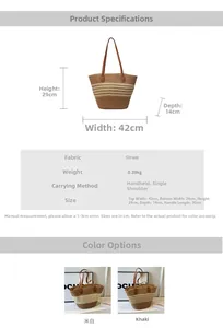 Tableau des tailles pour grand sac cabas en paille en blanc crème et kaki pour la plage