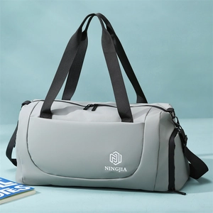 Large capacity grey fitness travel bag with black handles and adjustable shoulder strap