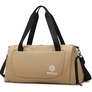 Khaki large capacity travel duffel bag with shoulder strap and NINGJIA logo