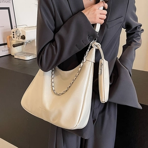 Chic cream white large capacity tote bag with chain strap and small matching pouch