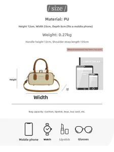 Size chart showing dimensions 23x12x8cm and capacity for this PU leather crossbody bag