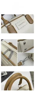 Detailed views of the dual-tone handbag showing stitching, metal zippers and leather texture