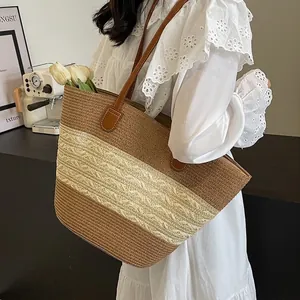 Grand Sac Fourre-Tout Tissé En Paille Rayé Sac De Plage Avec Poignées En Cuir Rétro Décontracté Pour Femmes