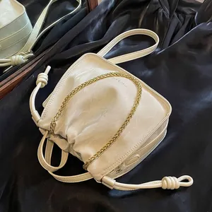 Women Pleated Bucket Bag PU Leather Cloud Texture Drawstring Gold Chain Strap Fashion Elegant Crossbody Handbag