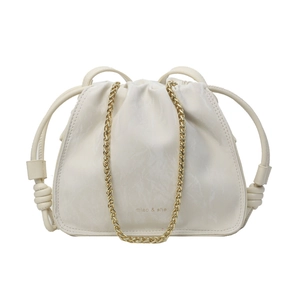 Creamy white leather drawstring bucket bag with gold chain strap for stylish women