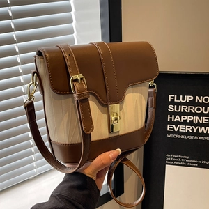 Brown leather and white canvas bucket bag with gold clasp shown in a hand