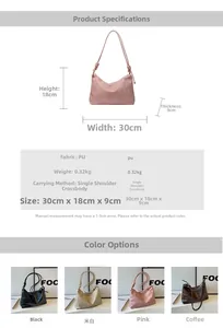 Detailed size chart and multi-color options for the pink PU leather tote bag with dimensions