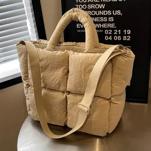 Women Quilted Puffer Tote Bag Large Capacity Padded Handbag Solid Color Adjustable Strap Casual Commuter Travel Bag