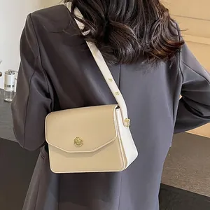 Women PU Leather Crossbody Bag Fashion Square Shoulder Handbag With Gold Metal Lock Flip Cover Top Handle Adjustable Strap