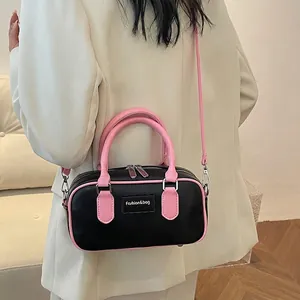 Boston Handbag PU Leather Contrast Color Crossbody Shoulder Bag Small Retro Box Style For Women