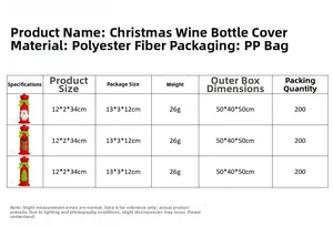 Detailed size specifications for Christmas wine bottle covers with holiday designs