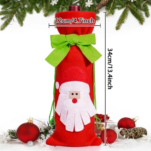 Detailed view of 34x12cm Santa Claus felt wine bottle cover with green bow and white beard