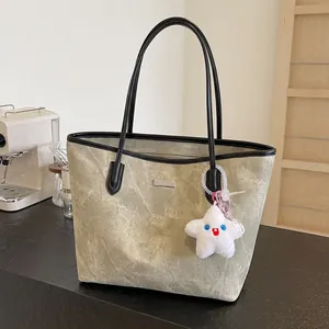 Sac Cabas Grande Capacité Cuir PU Texture Marbre Vintage Sac À Main Navette Avec Pendentif Étoile En Peluche